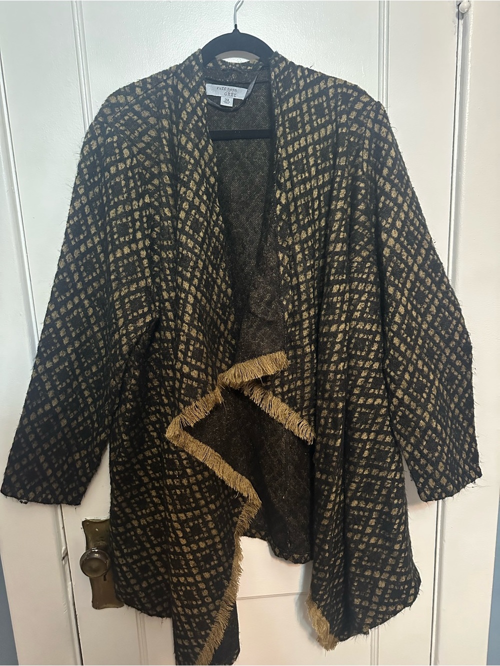 Ruff Hewn Black and Tan Open-Front Fringe Cardigan
